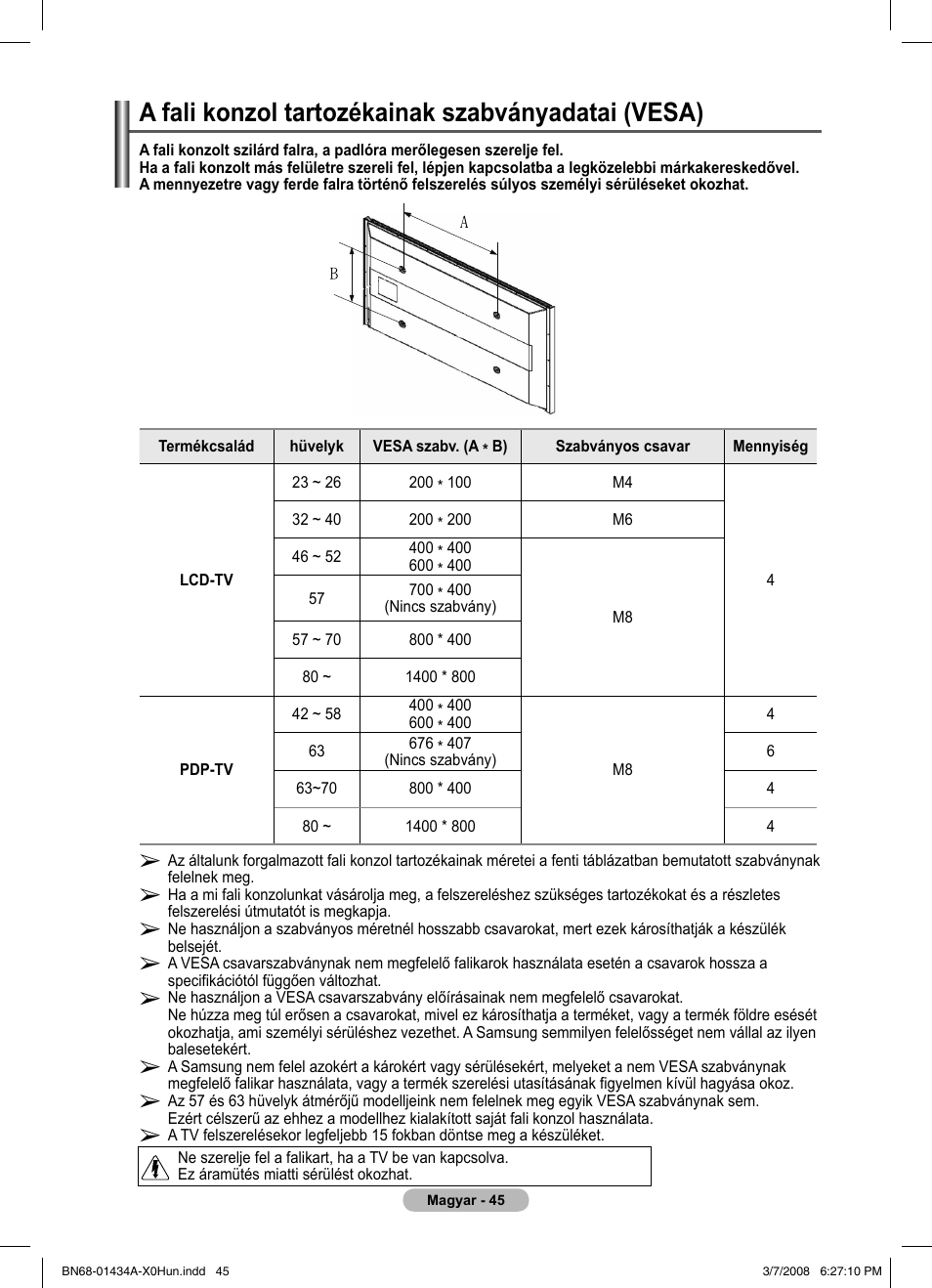 A fali konzol tartozékainak szabványadatai (vesa) | Samsung PS50A551S3R User Manual | Page 396 / 601