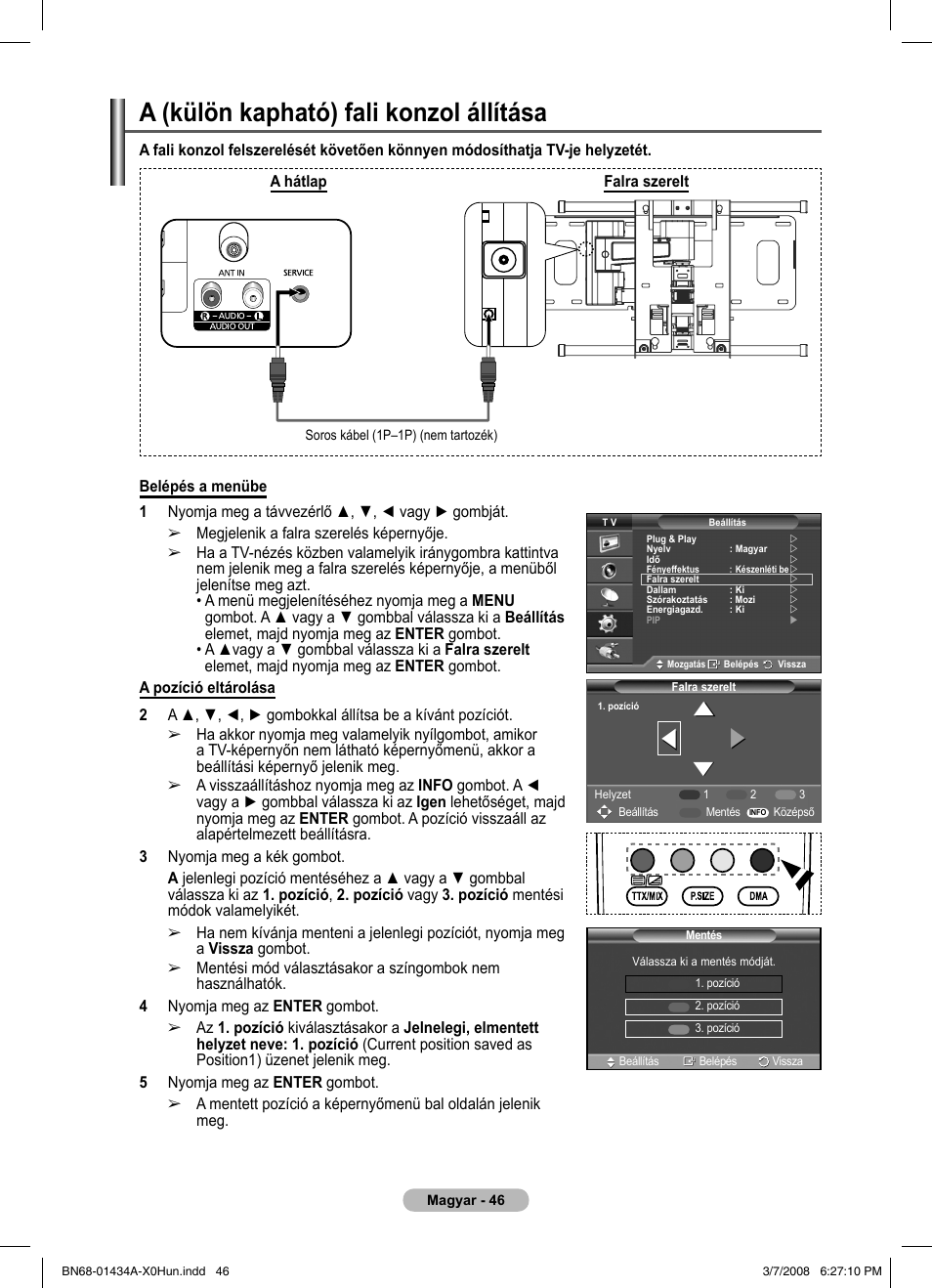 A (külön kapható) fali konzol állítása | Samsung PS50A551S3R User Manual | Page 397 / 601