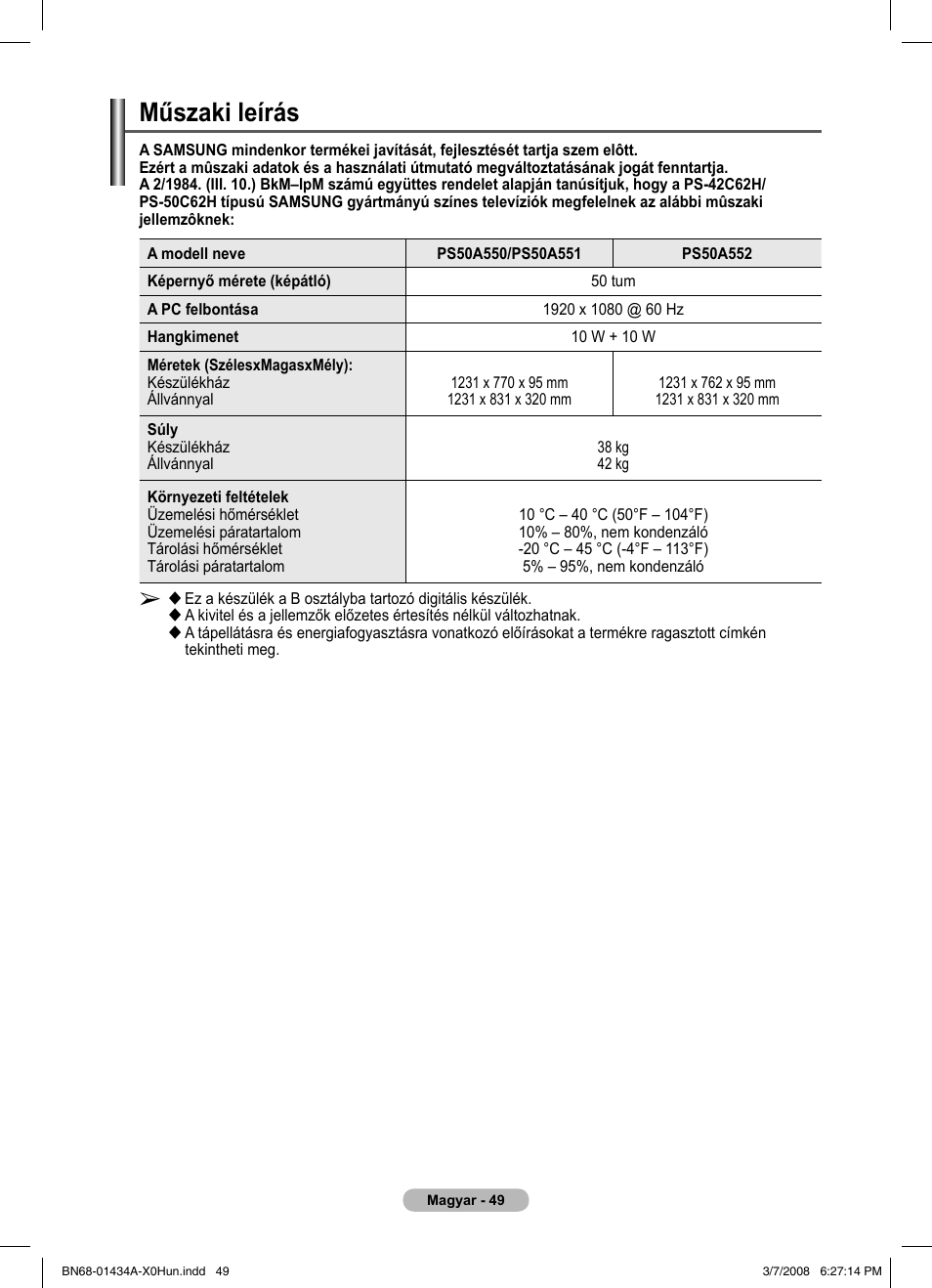 Műszaki leírás | Samsung PS50A551S3R User Manual | Page 400 / 601