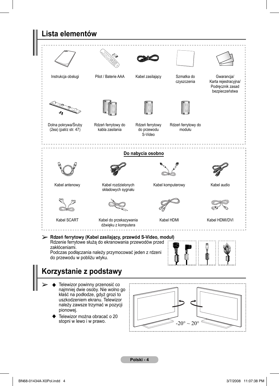 Lista elementów, Korzystanie z podstawy | Samsung PS50A551S3R User Manual | Page 405 / 601