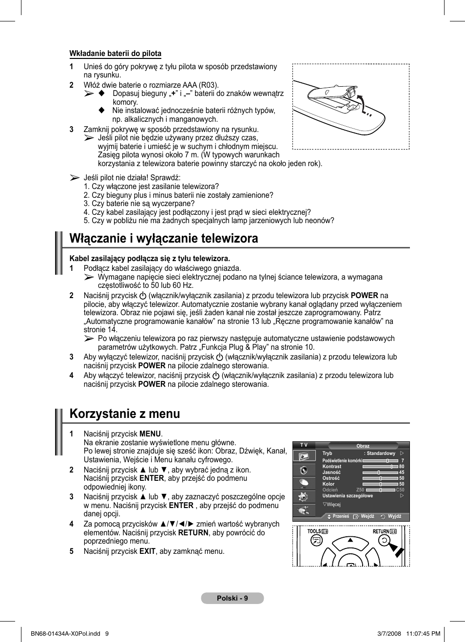 Korzystanie z menu, Włączanie i wyłączanie telewizora | Samsung PS50A551S3R User Manual | Page 410 / 601