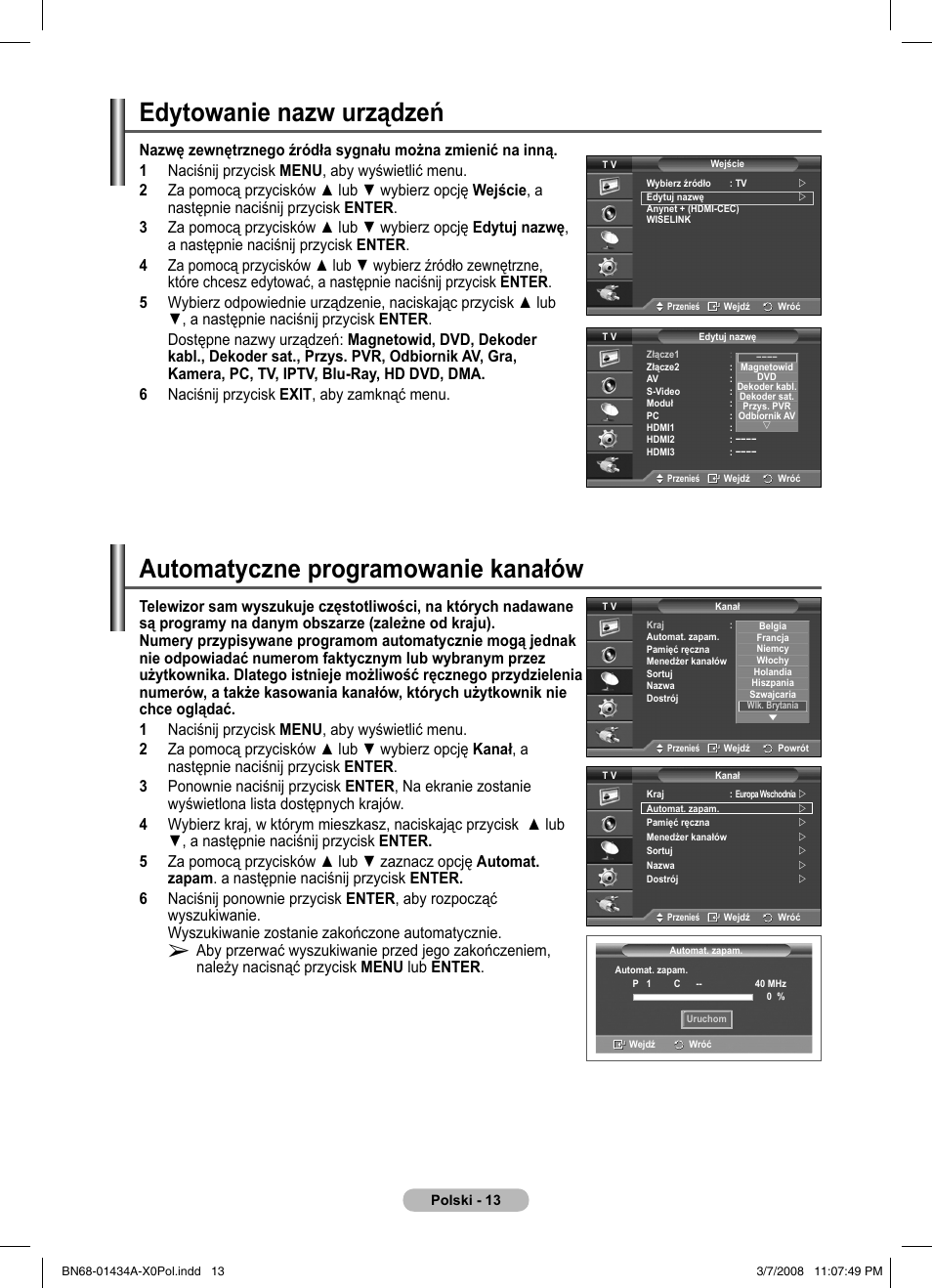 Edytowanie nazw urządzeń, Automatyczne programowanie kanałów | Samsung PS50A551S3R User Manual | Page 414 / 601