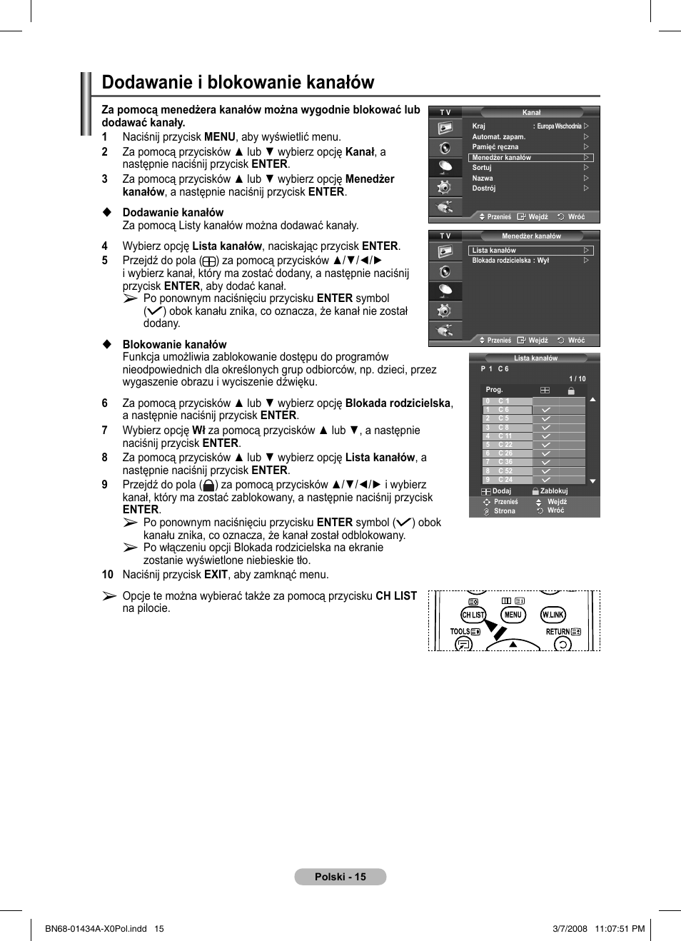 Dodawanie i blokowanie kanałów | Samsung PS50A551S3R User Manual | Page 416 / 601