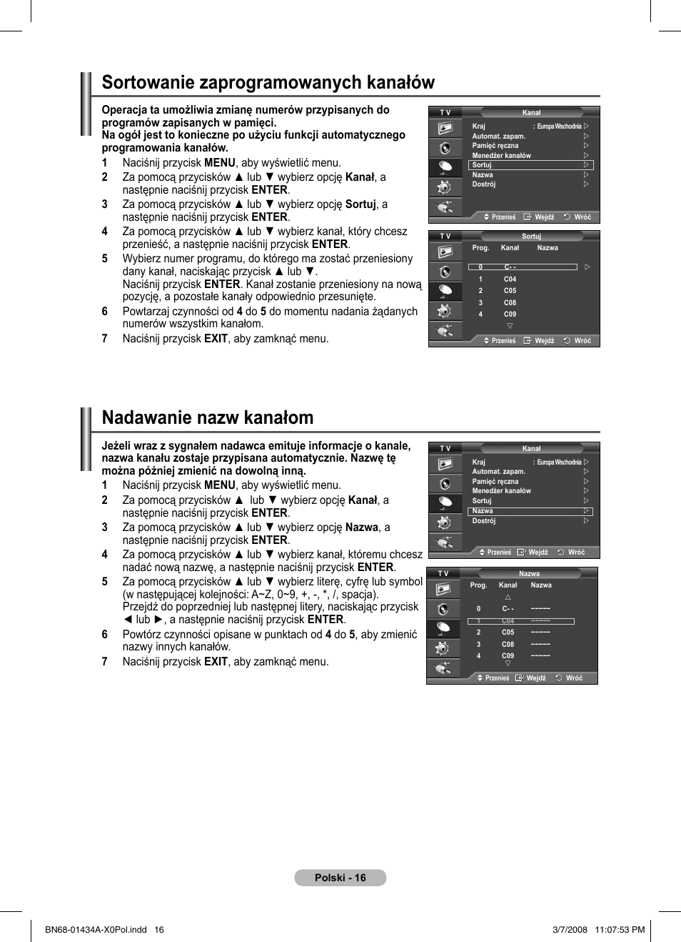 Sortowanie zaprogramowanych kanałów, Nadawanie nazw kanałom | Samsung PS50A551S3R User Manual | Page 417 / 601