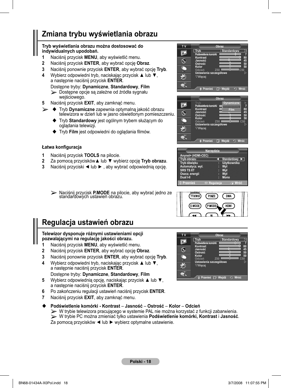 Regulacja ustawień obrazu, Zmiana trybu wyświetlania obrazu | Samsung PS50A551S3R User Manual | Page 419 / 601