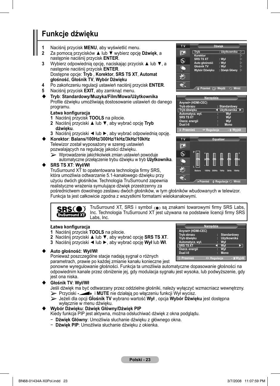 Funkcje dźwięku | Samsung PS50A551S3R User Manual | Page 424 / 601