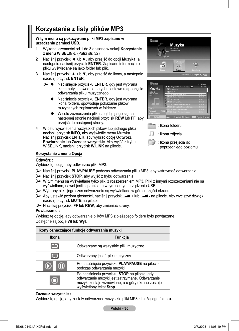 Korzystanie z listy plików mp3 | Samsung PS50A551S3R User Manual | Page 437 / 601