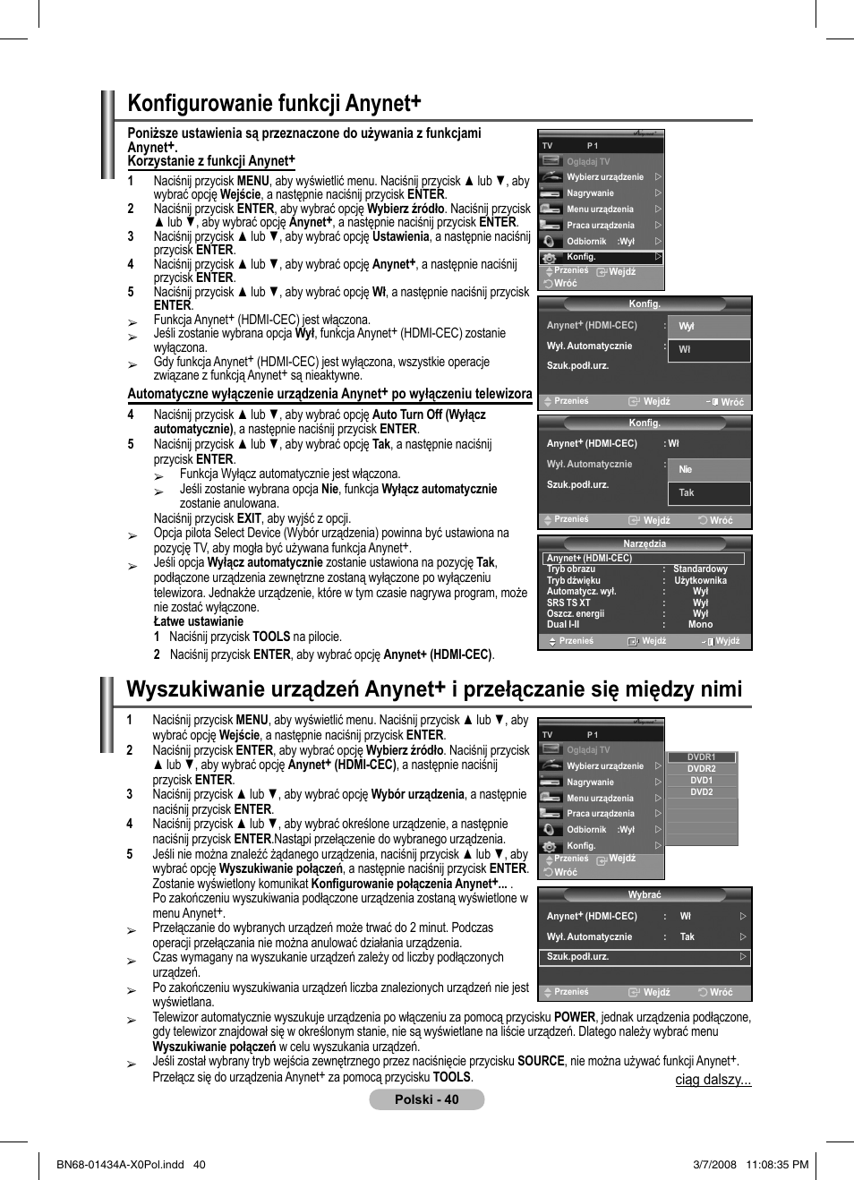 Konfigurowanie funkcji anynet | Samsung PS50A551S3R User Manual | Page 441 / 601