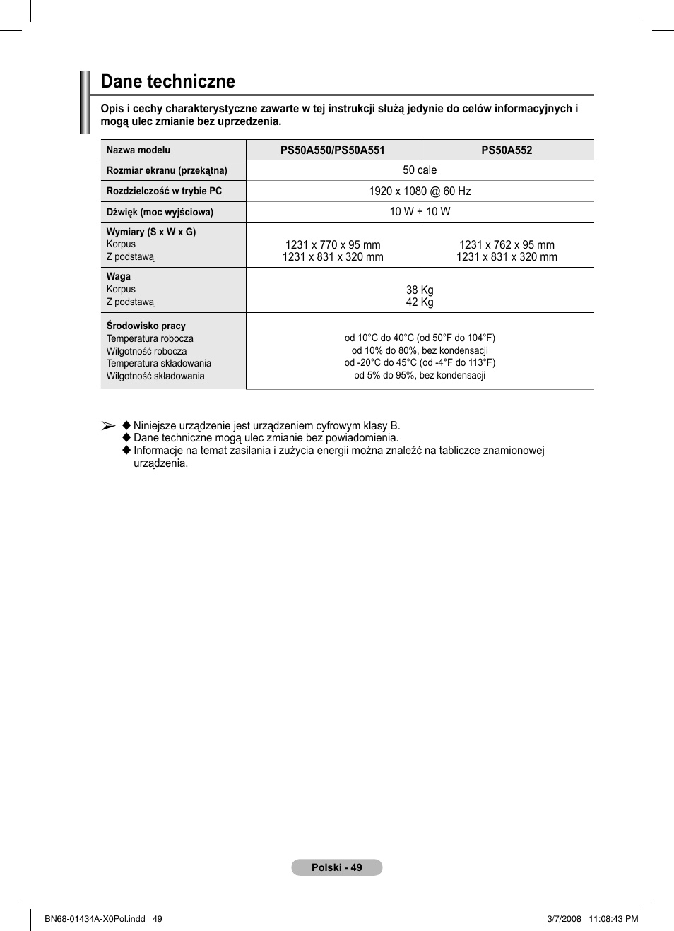 Dane techniczne | Samsung PS50A551S3R User Manual | Page 450 / 601