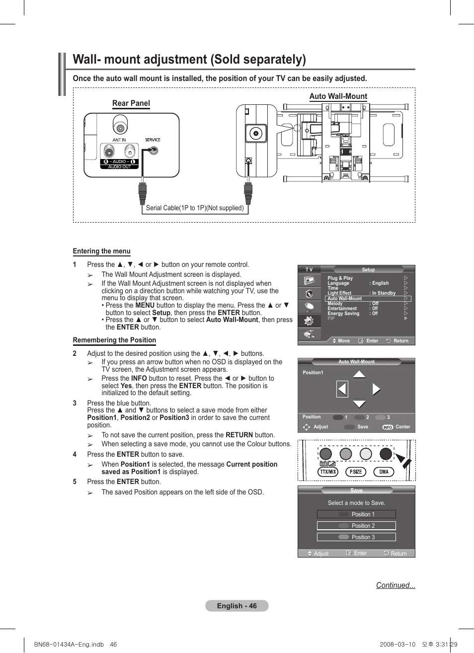 Wall- mount adjustment (sold separately, Wall- mount adjustment (sold separately), Rear panel auto wall-mount | Continued | Samsung PS50A551S3R User Manual | Page 46 / 601