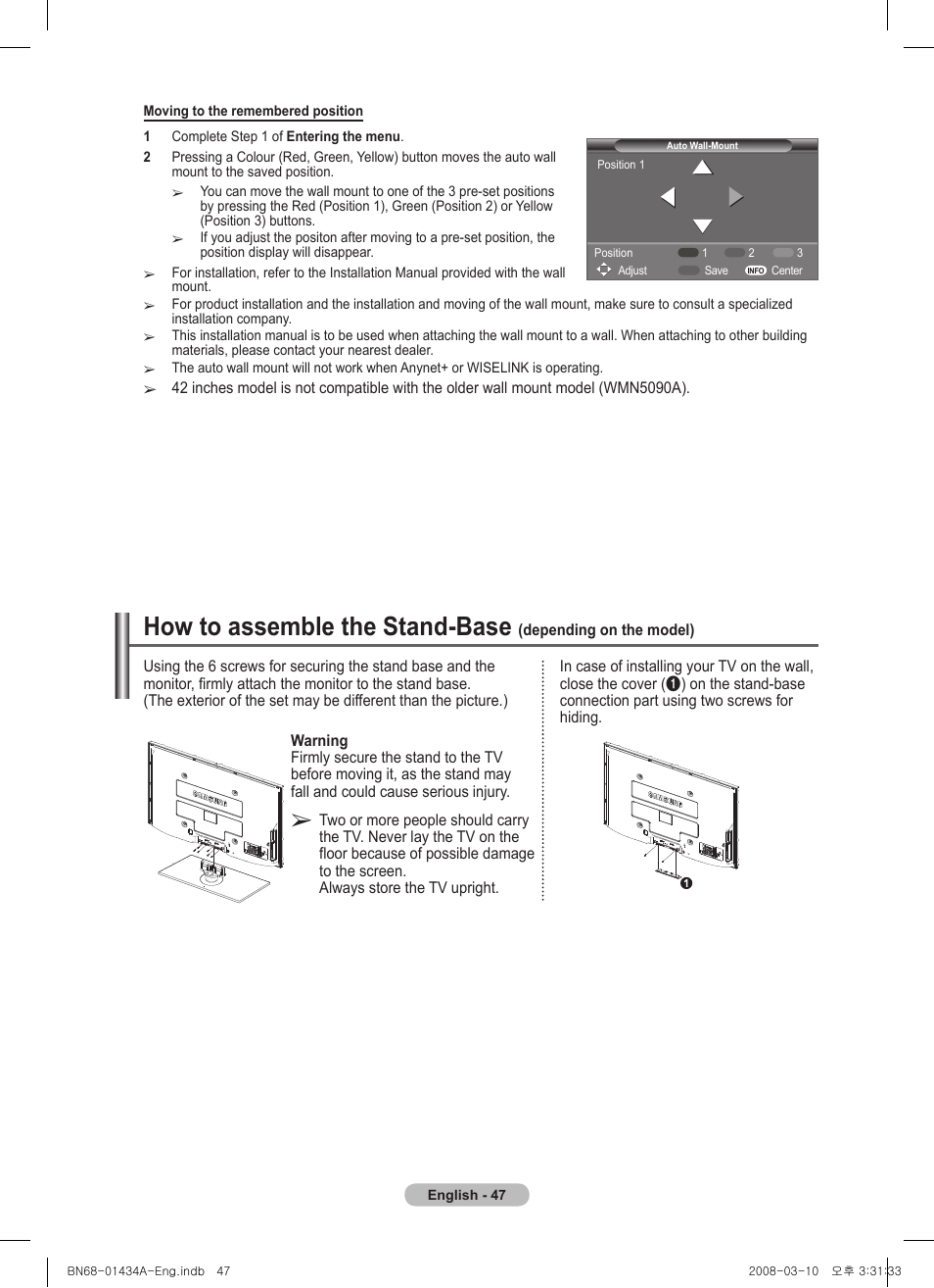 How to assemble the stand-base | Samsung PS50A551S3R User Manual | Page 47 / 601