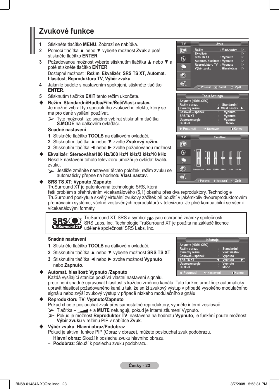 Zvukové funkce | Samsung PS50A551S3R User Manual | Page 474 / 601