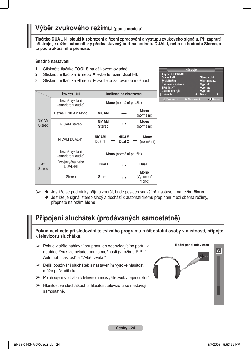 Výběr zvukového režimu, Připojení sluchátek (prodávaných samostatně) | Samsung PS50A551S3R User Manual | Page 475 / 601