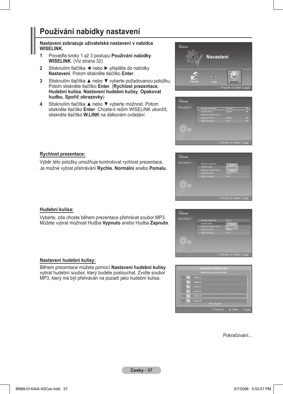 Používání nabídky nastavení, Navastení, Česky - 37 | Samsung PS50A551S3R User Manual | Page 488 / 601