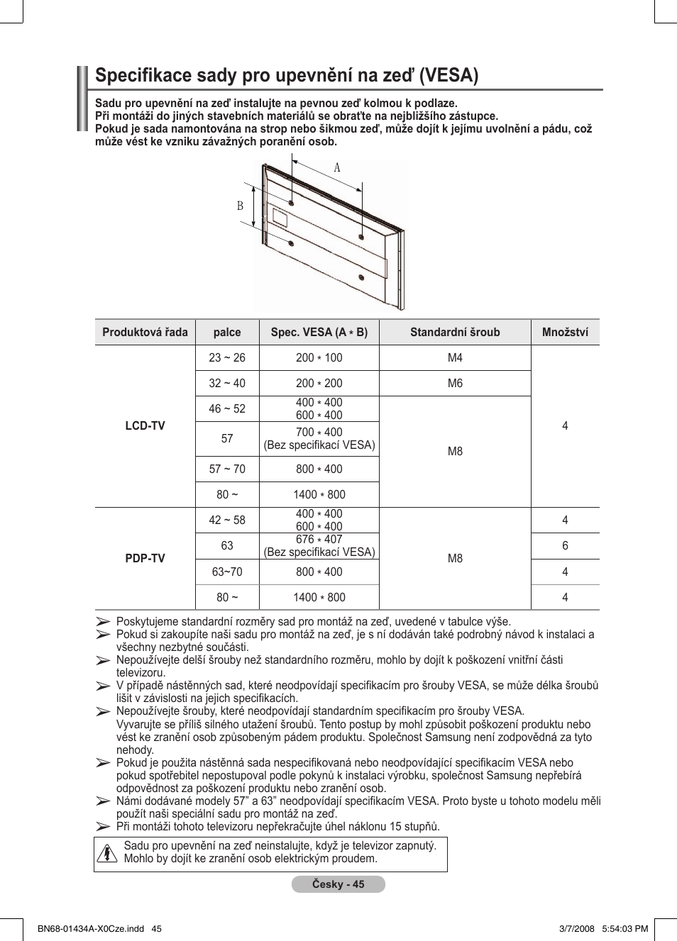 Specifikace sady pro upevnění na zeď (vesa) | Samsung PS50A551S3R User Manual | Page 496 / 601