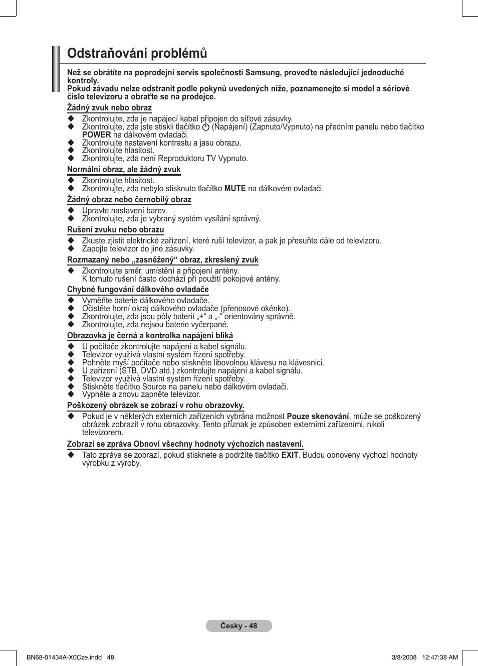 Odstraňování problémů | Samsung PS50A551S3R User Manual | Page 499 / 601