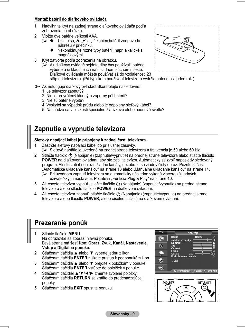 Zapnutie a vypnutie televízora, Prezeranie ponúk | Samsung PS50A551S3R User Manual | Page 509 / 601