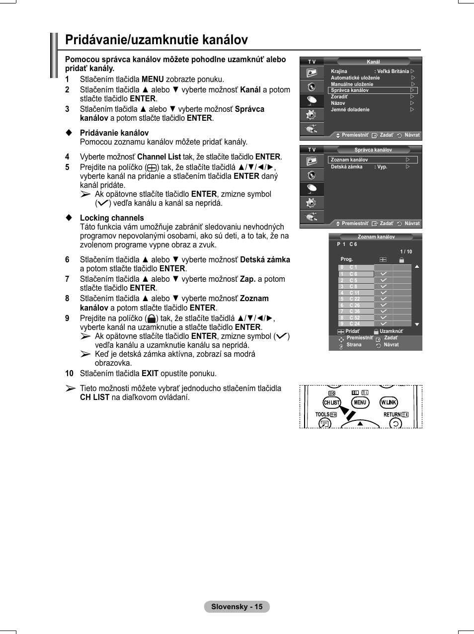 Pridávanie/uzamknutie kanálov | Samsung PS50A551S3R User Manual | Page 515 / 601