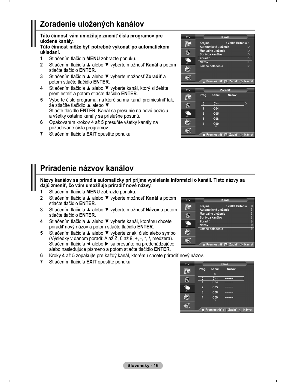 Zoradenie uložených kanálov, Priradenie názvov kanálov | Samsung PS50A551S3R User Manual | Page 516 / 601