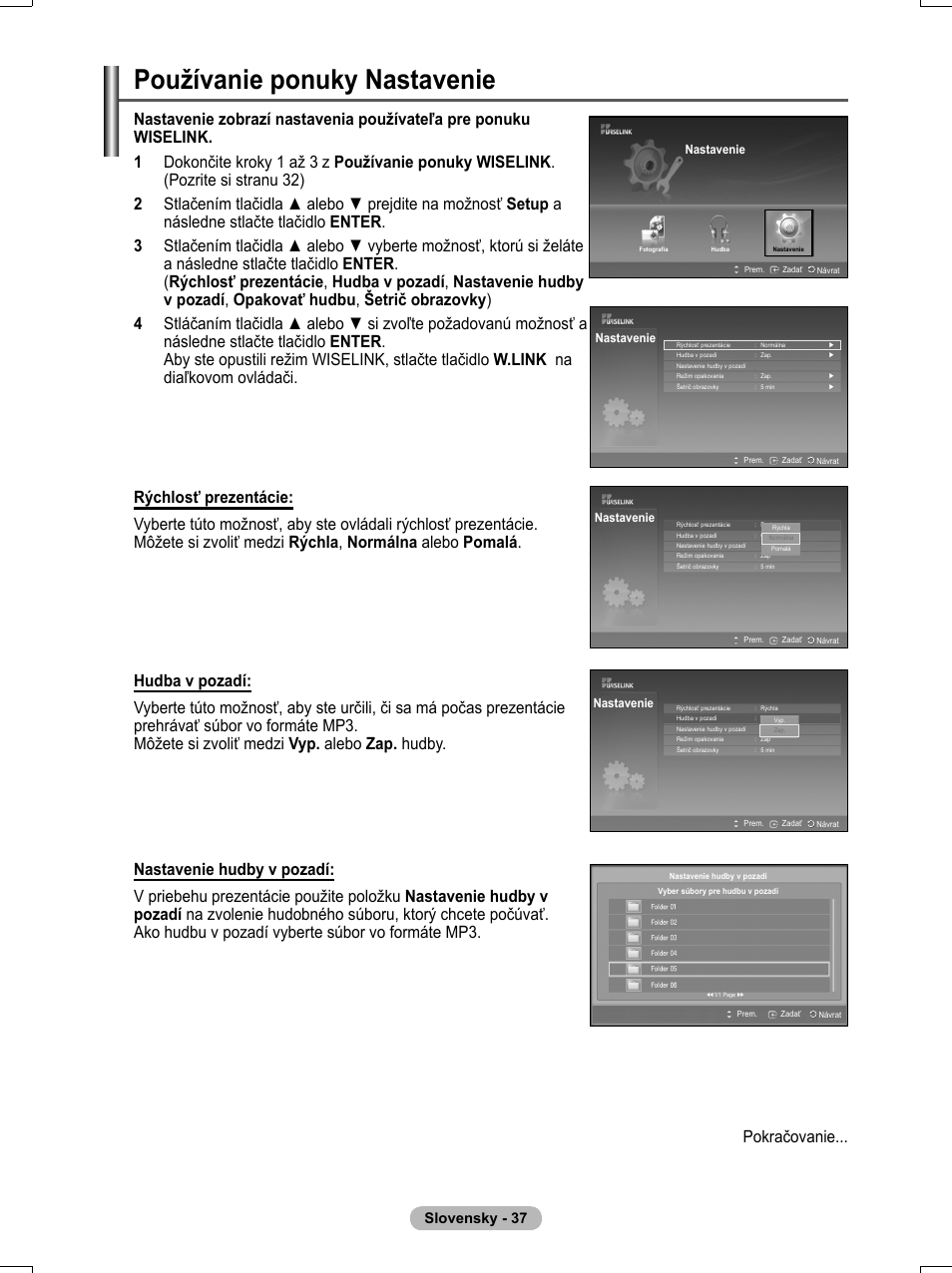 Používanie ponuky nastavenie, Slovensky - 37 | Samsung PS50A551S3R User Manual | Page 537 / 601