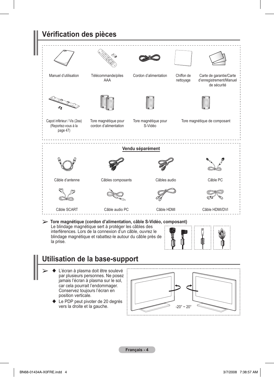 Vérification des pièces, Utilisation de la base-support | Samsung PS50A551S3R User Manual | Page 54 / 601