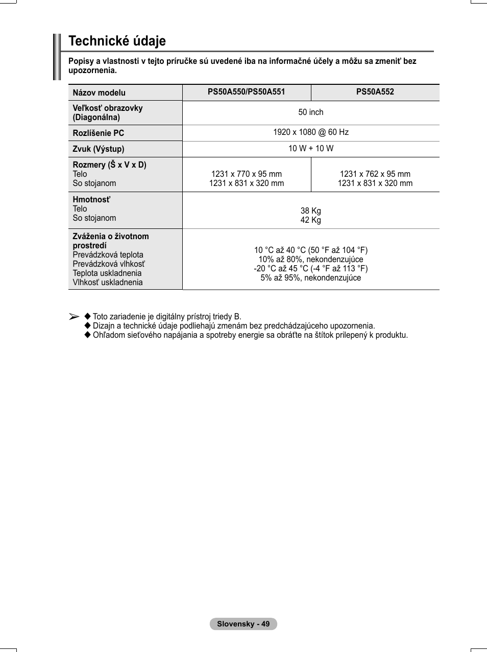 Technické údaje | Samsung PS50A551S3R User Manual | Page 549 / 601