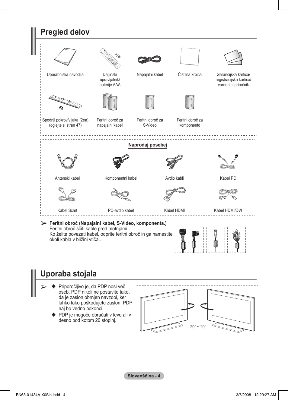 Uporaba stojala, Pregled delov | Samsung PS50A551S3R User Manual | Page 554 / 601