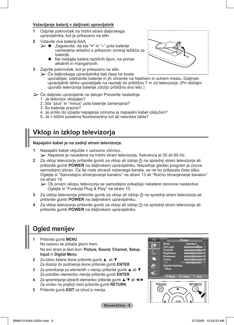 Vklop in izklop televizorja, Ogled menijev | Samsung PS50A551S3R User Manual | Page 559 / 601