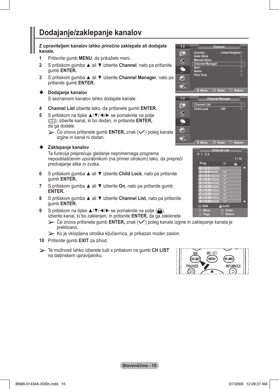 Dodajanje/zaklepanje kanalov | Samsung PS50A551S3R User Manual | Page 565 / 601