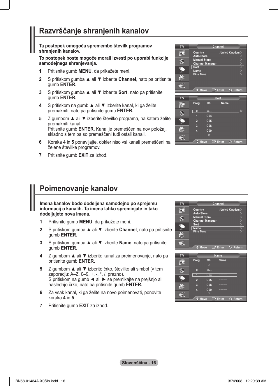 Razvrščanje shranjenih kanalov, Poimenovanje kanalov | Samsung PS50A551S3R User Manual | Page 566 / 601