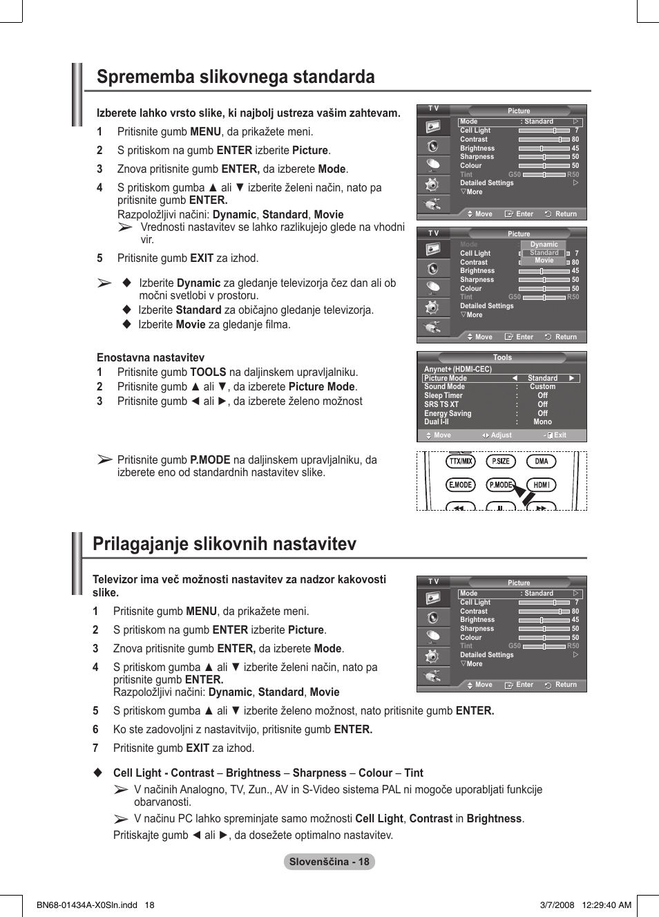 Prilagajanje slikovnih nastavitev, Sprememba slikovnega standarda | Samsung PS50A551S3R User Manual | Page 568 / 601