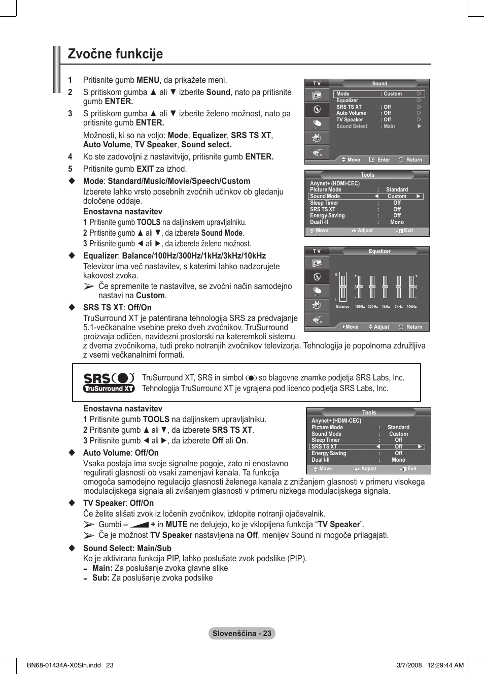 Zvočne funkcije | Samsung PS50A551S3R User Manual | Page 573 / 601