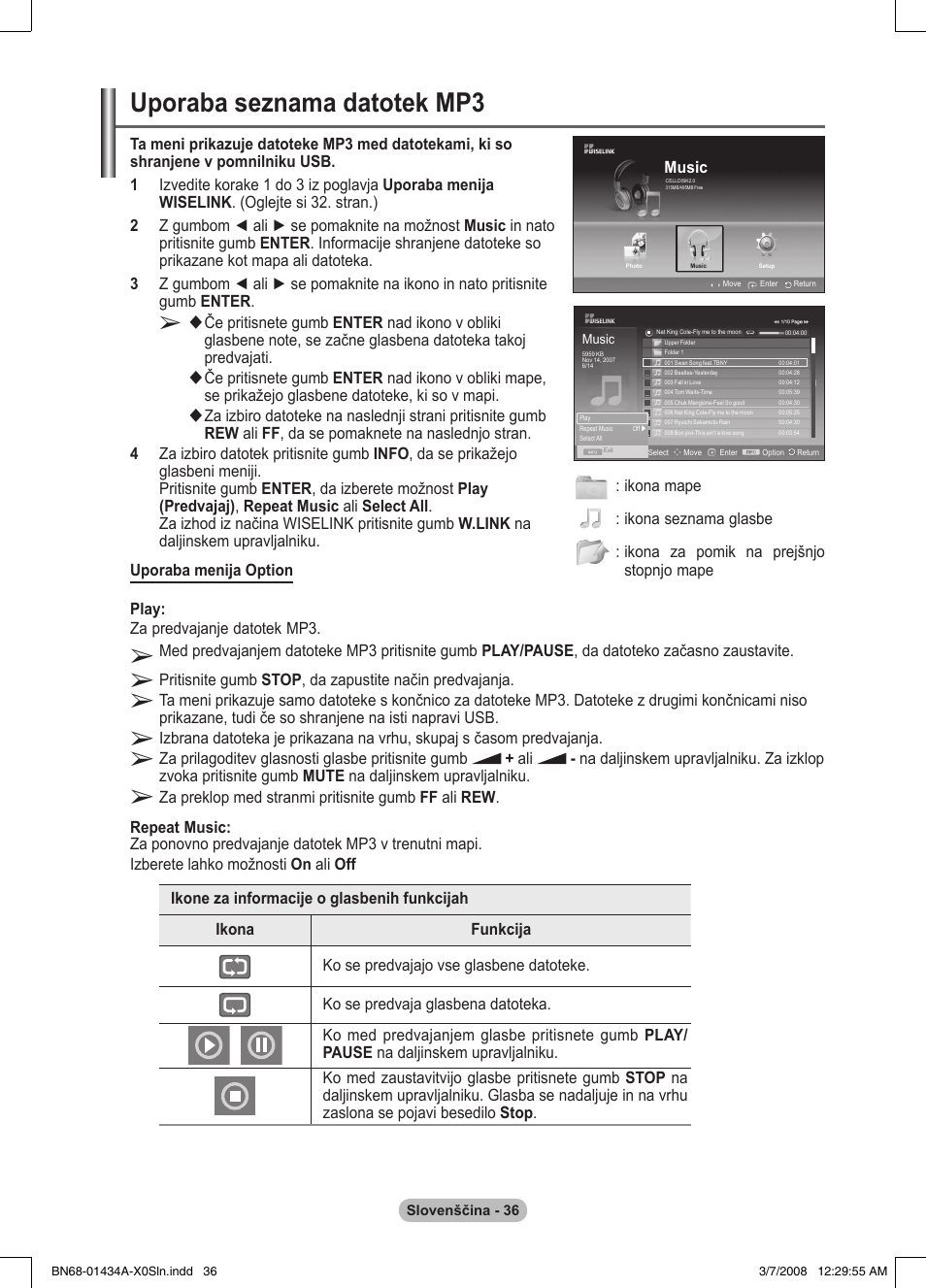 Uporaba seznama datotek mp3 | Samsung PS50A551S3R User Manual | Page 586 / 601