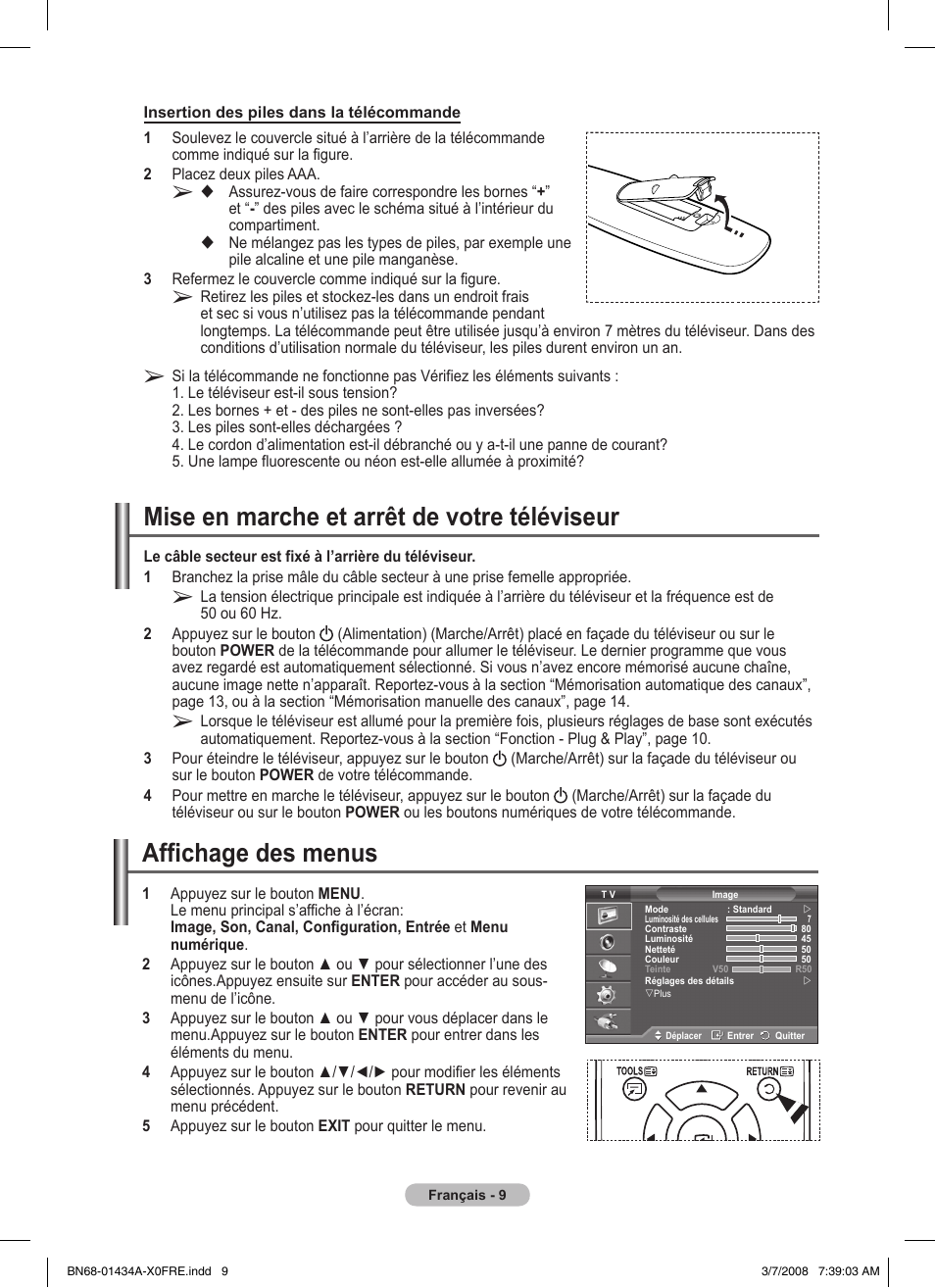 Mise en marche et arrêt de votre téléviseur, Affichage des menus | Samsung PS50A551S3R User Manual | Page 59 / 601