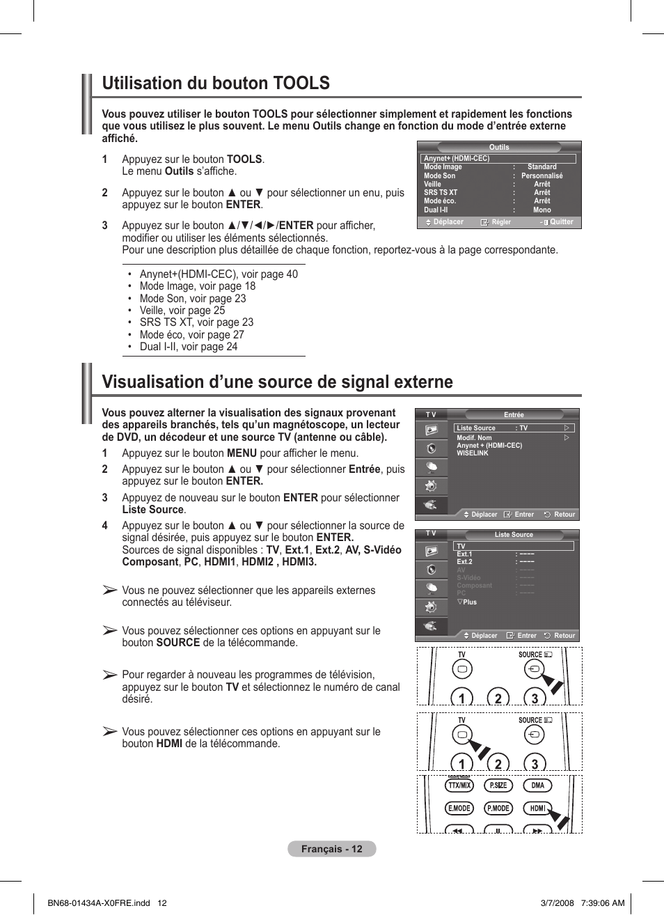 Utilisation du bouton tools, Visualisation d’une source de signal externe | Samsung PS50A551S3R User Manual | Page 62 / 601