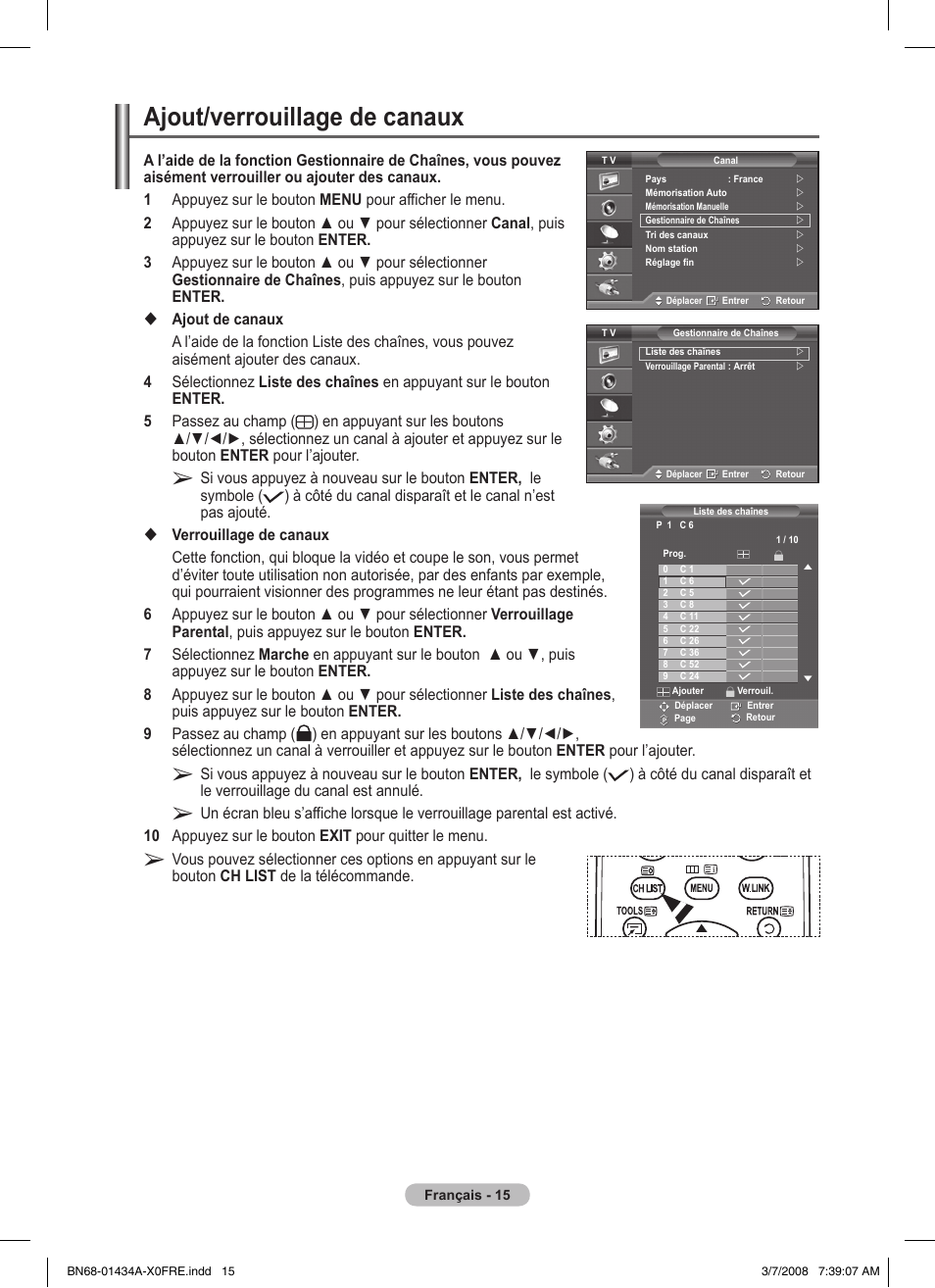 Ajout/verrouillage de canaux | Samsung PS50A551S3R User Manual | Page 65 / 601