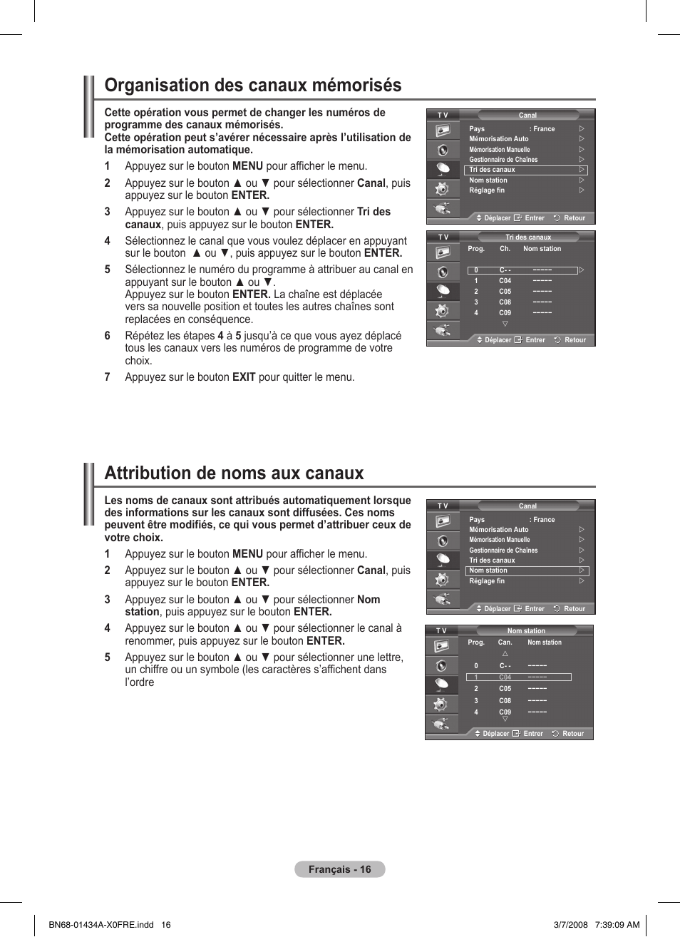 Organisation des canaux mémorisés, Attribution de noms aux canaux | Samsung PS50A551S3R User Manual | Page 66 / 601