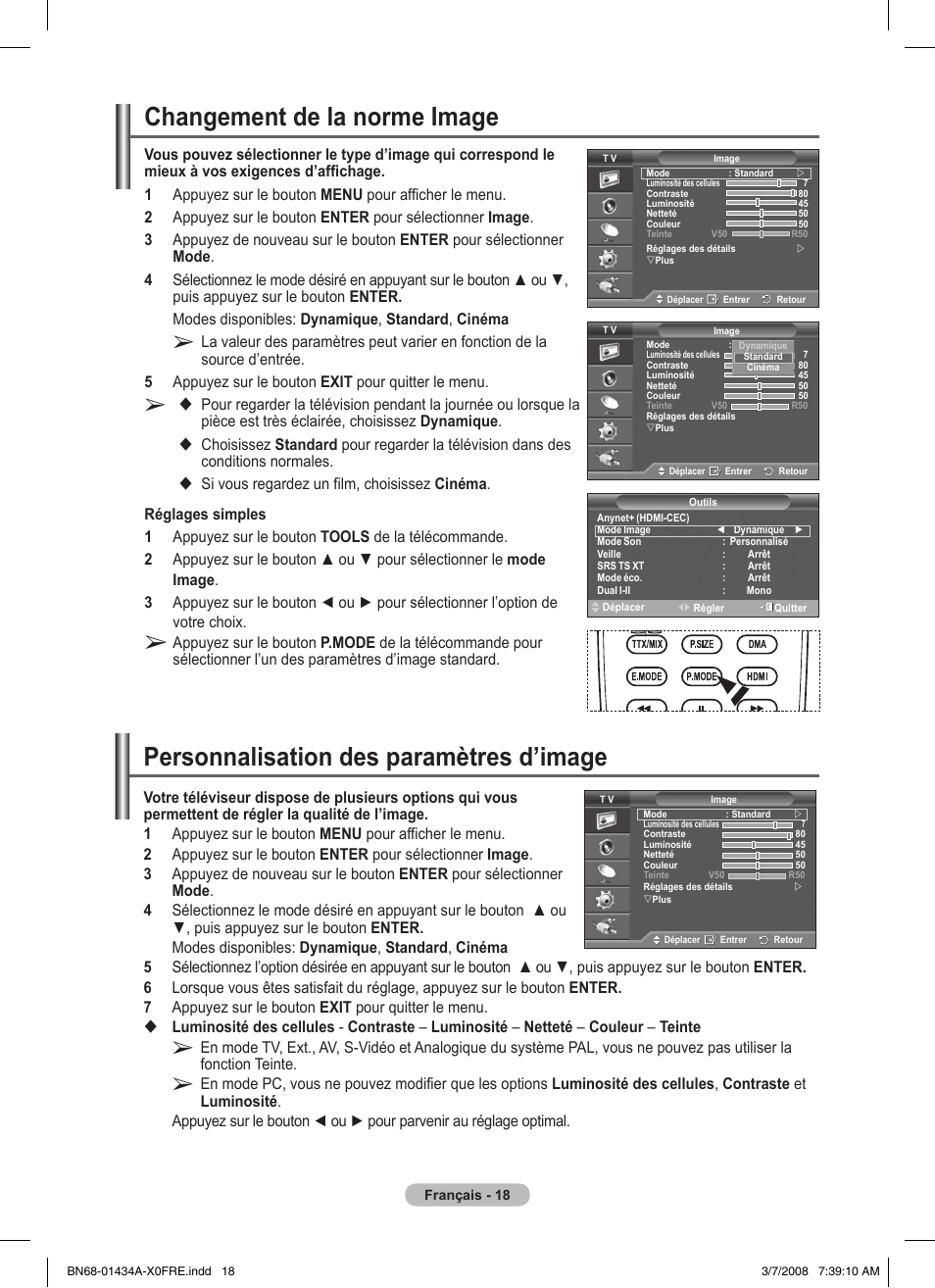 Personnalisation des paramètres d’image, Changement de la norme image | Samsung PS50A551S3R User Manual | Page 68 / 601