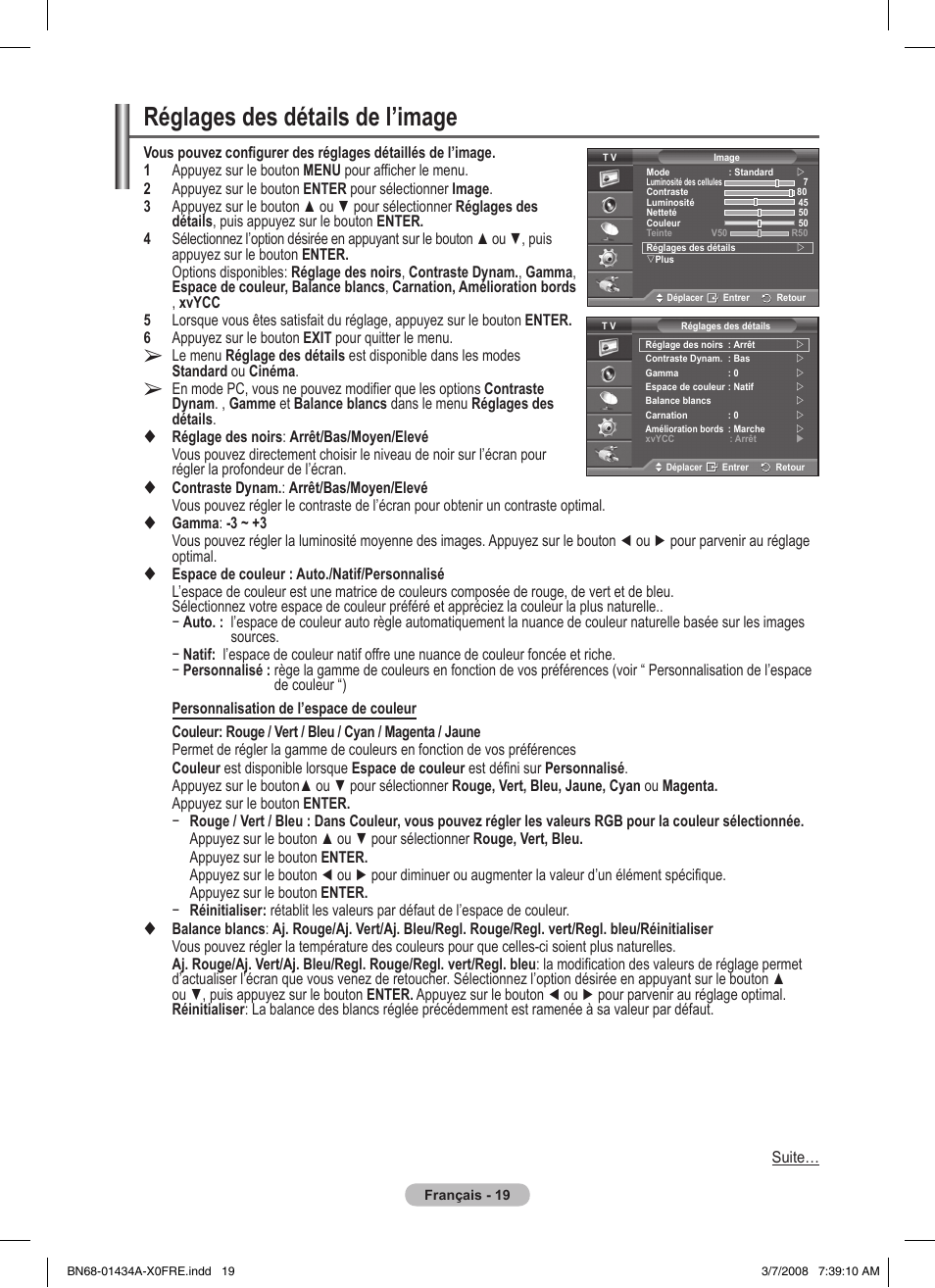 Réglages des détails de l’image | Samsung PS50A551S3R User Manual | Page 69 / 601