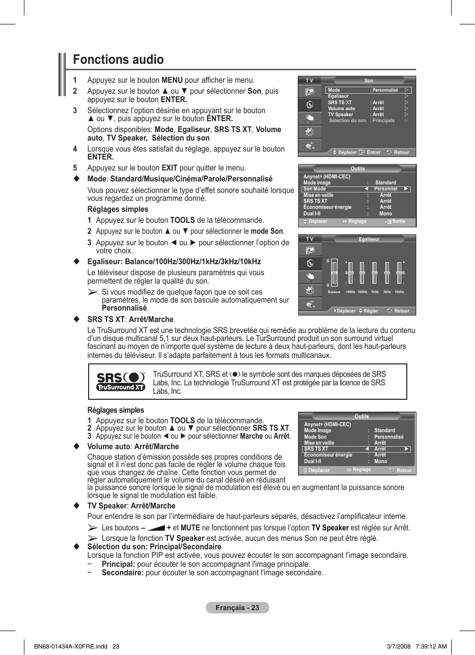 Fonctions audio | Samsung PS50A551S3R User Manual | Page 73 / 601