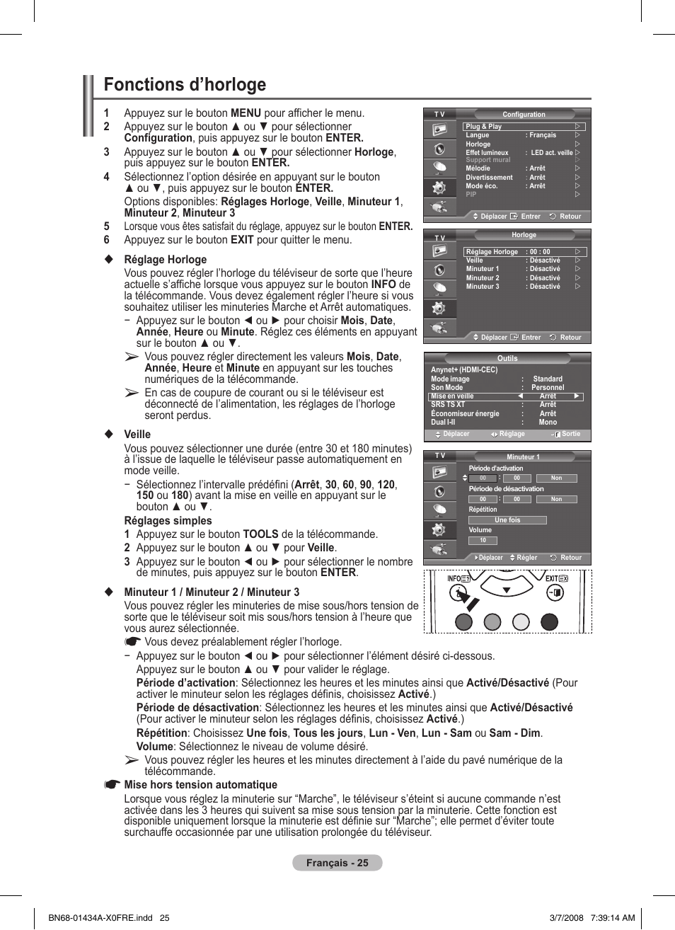 Fonctions d’horloge | Samsung PS50A551S3R User Manual | Page 75 / 601