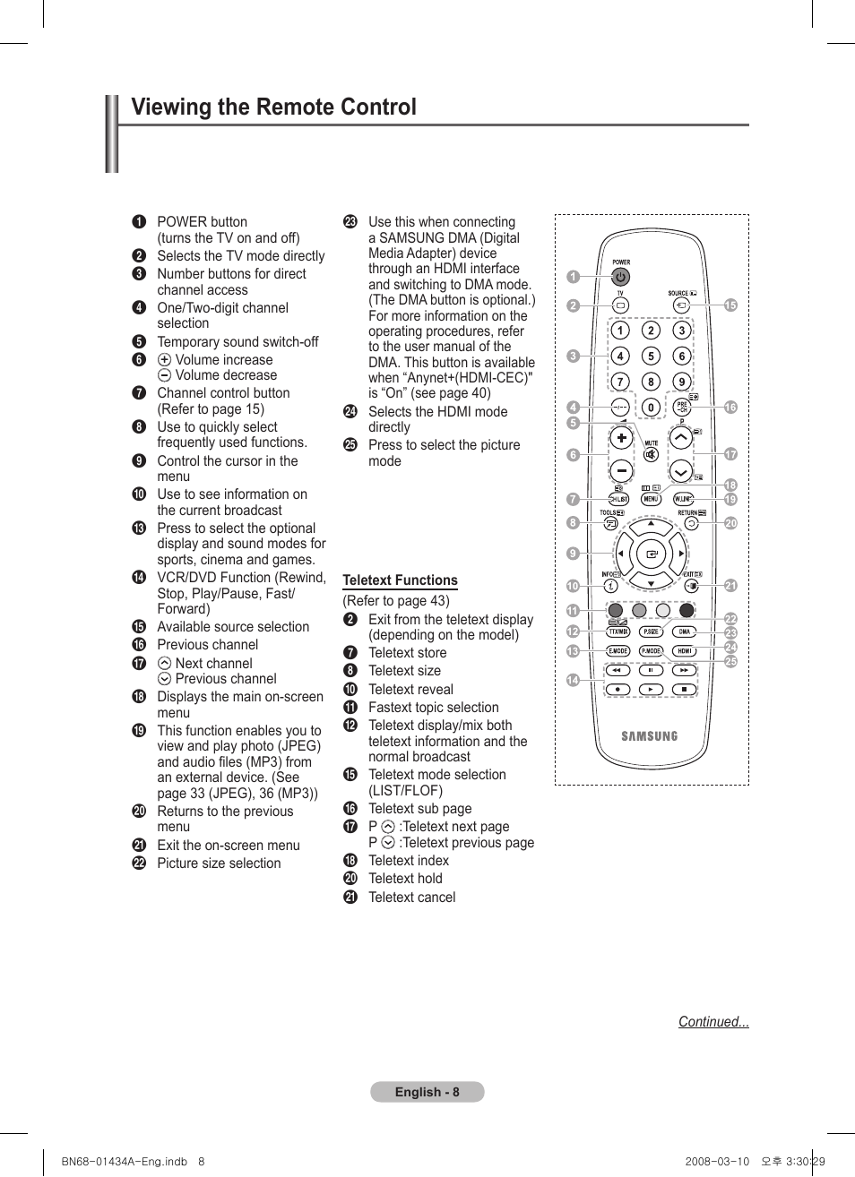 Viewing the remote control | Samsung PS50A551S3R User Manual | Page 8 / 601