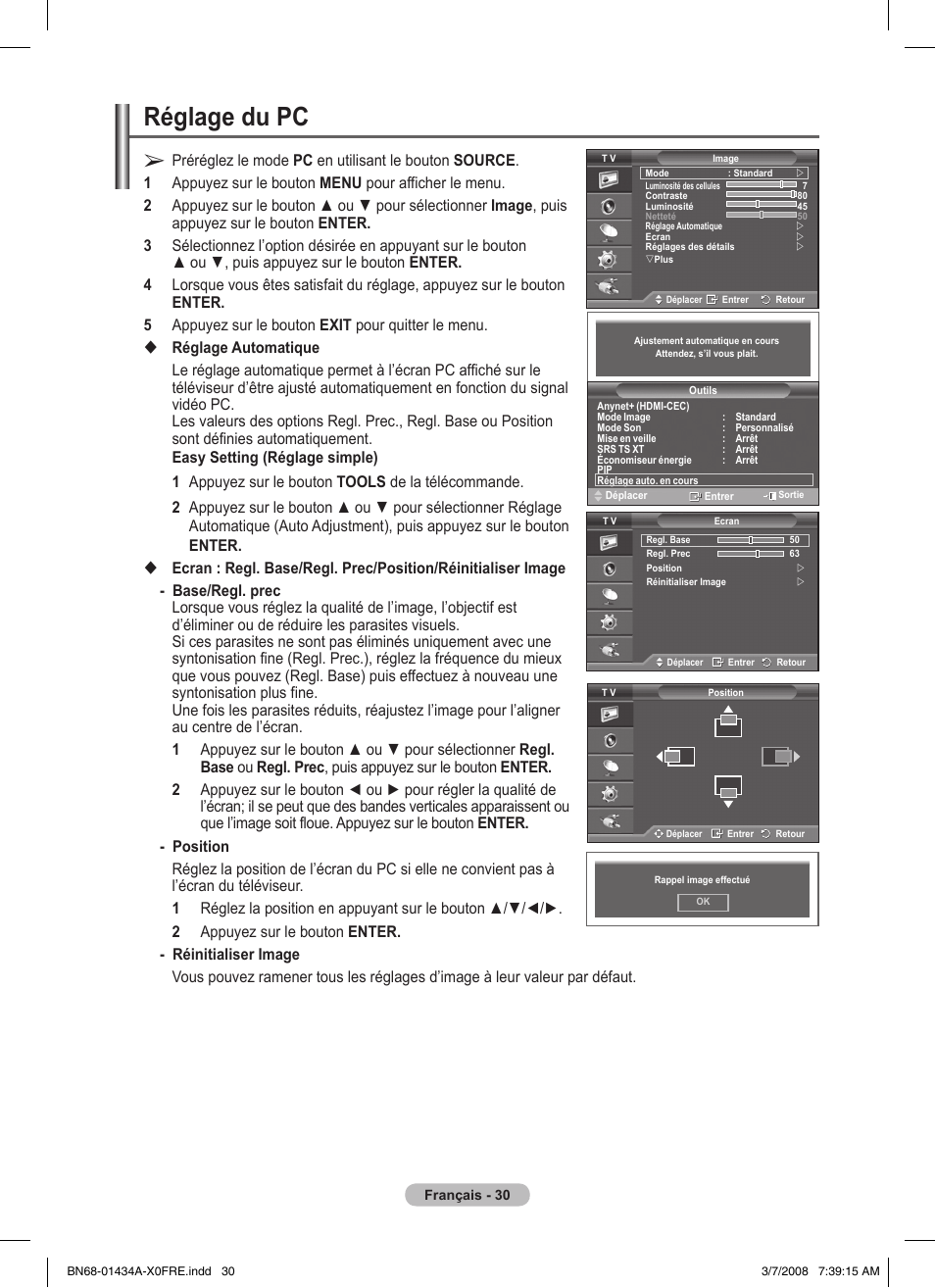 Réglage du pc | Samsung PS50A551S3R User Manual | Page 80 / 601