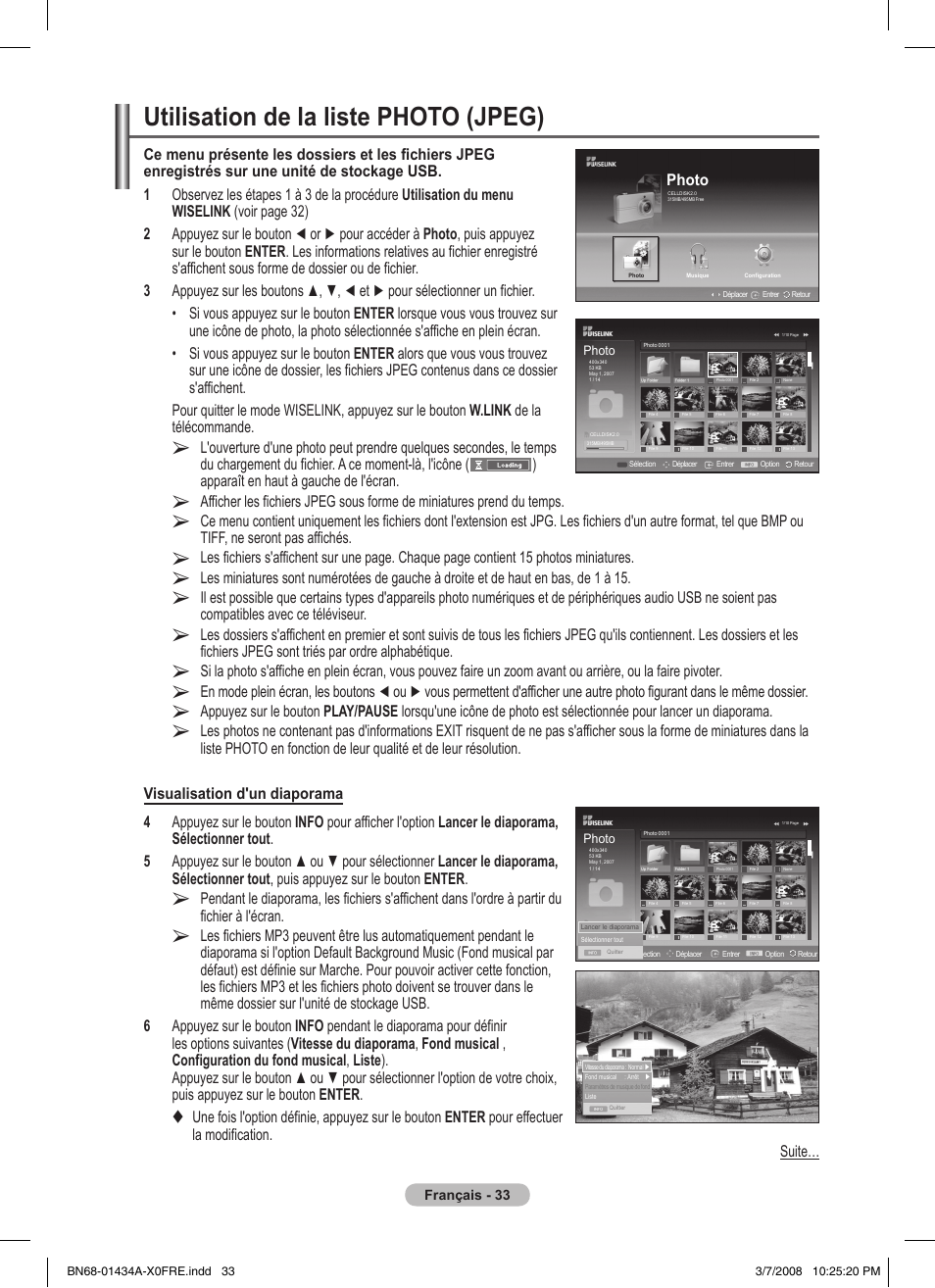 Utilisation de la liste photo (jpeg) | Samsung PS50A551S3R User Manual | Page 83 / 601