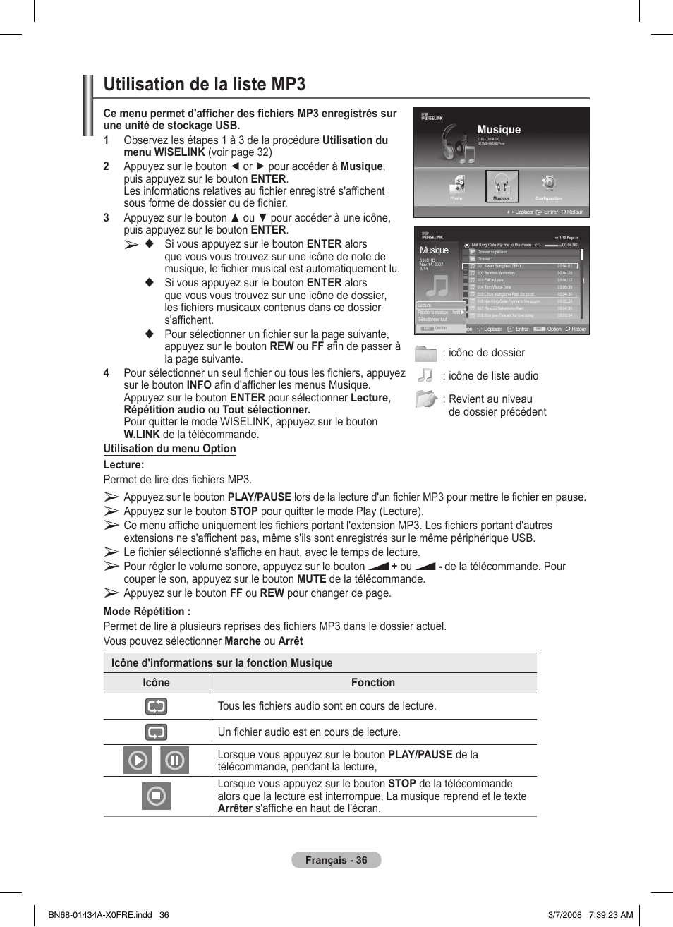 Utilisation de la liste mp3 | Samsung PS50A551S3R User Manual | Page 86 / 601