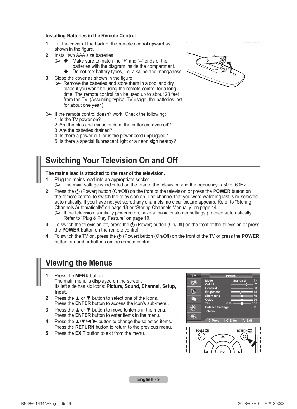 Switching your television on and off, Viewing the menus | Samsung PS50A551S3R User Manual | Page 9 / 601