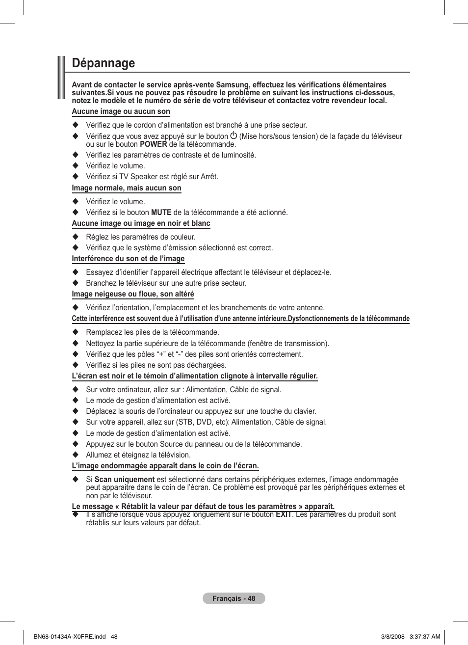 Dépannage | Samsung PS50A551S3R User Manual | Page 98 / 601