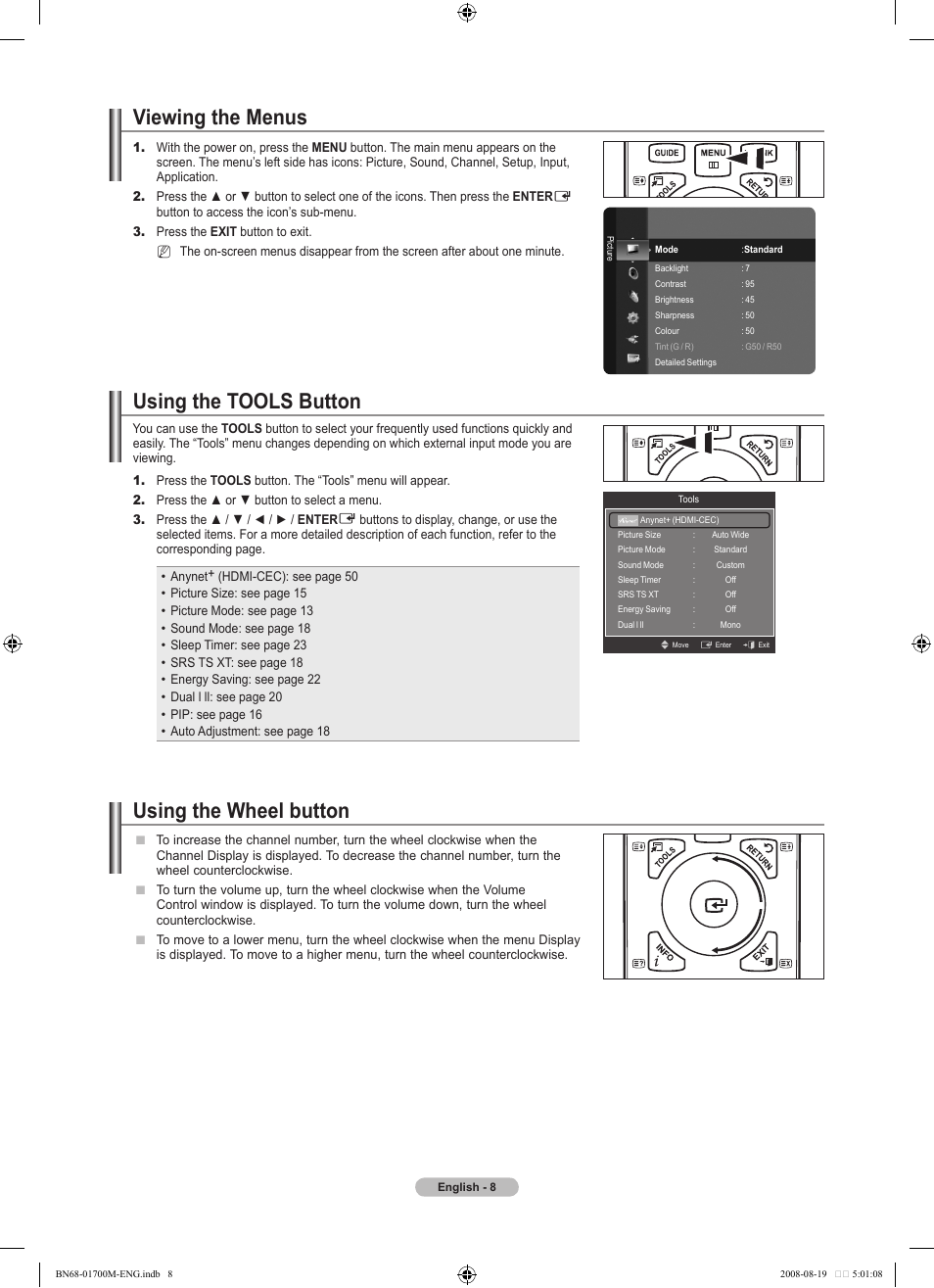 Viewing the menus, Using the tools button, Using the wheel button | Samsung LE46A756R1M User Manual | Page 10 / 422