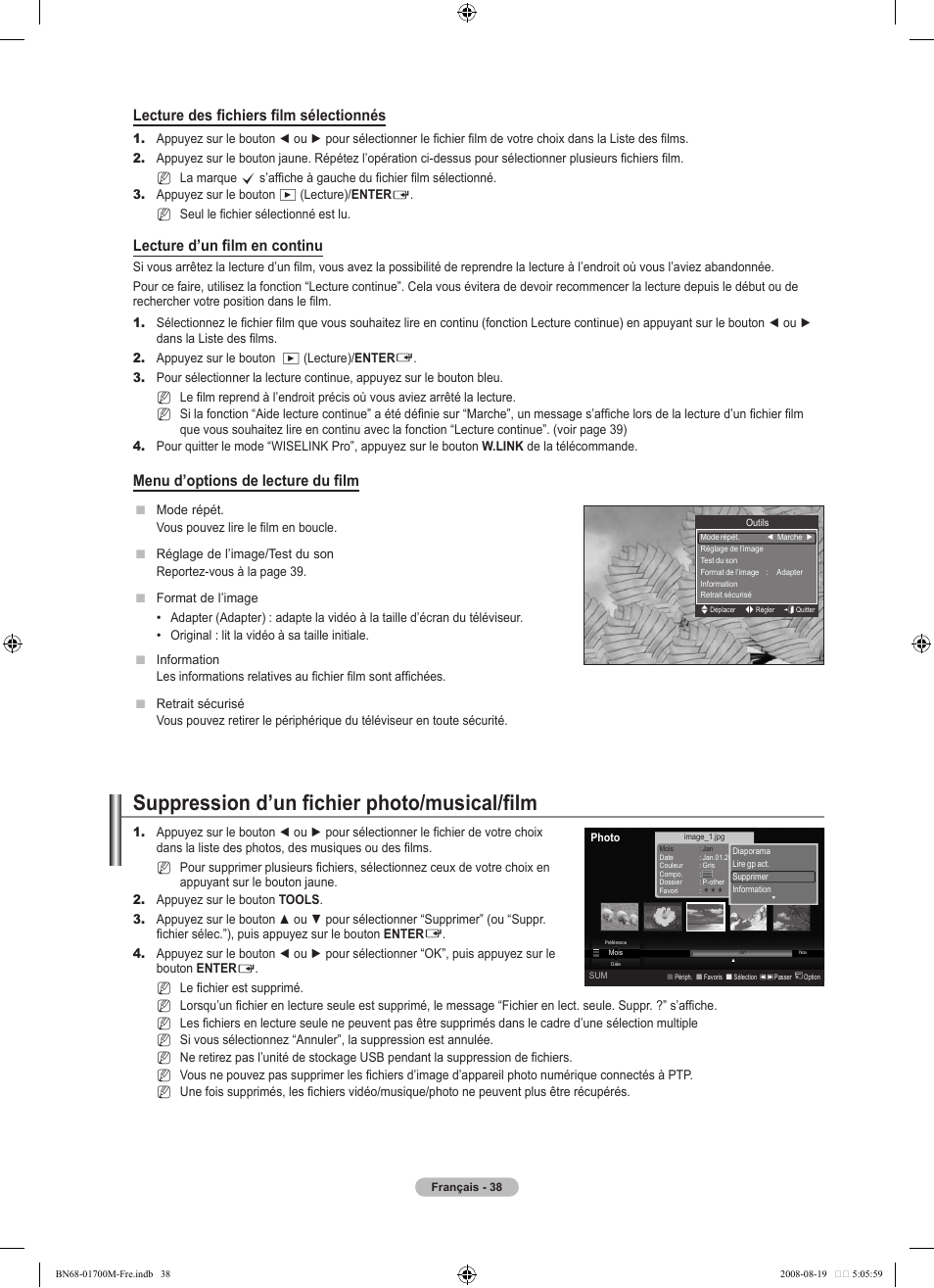 Suppression d’un fichier photo/musical/film, Lecture des fichiers film sélectionnés, Lecture d’un film en continu | Menu d’options de lecture du film | Samsung LE46A756R1M User Manual | Page 100 / 422