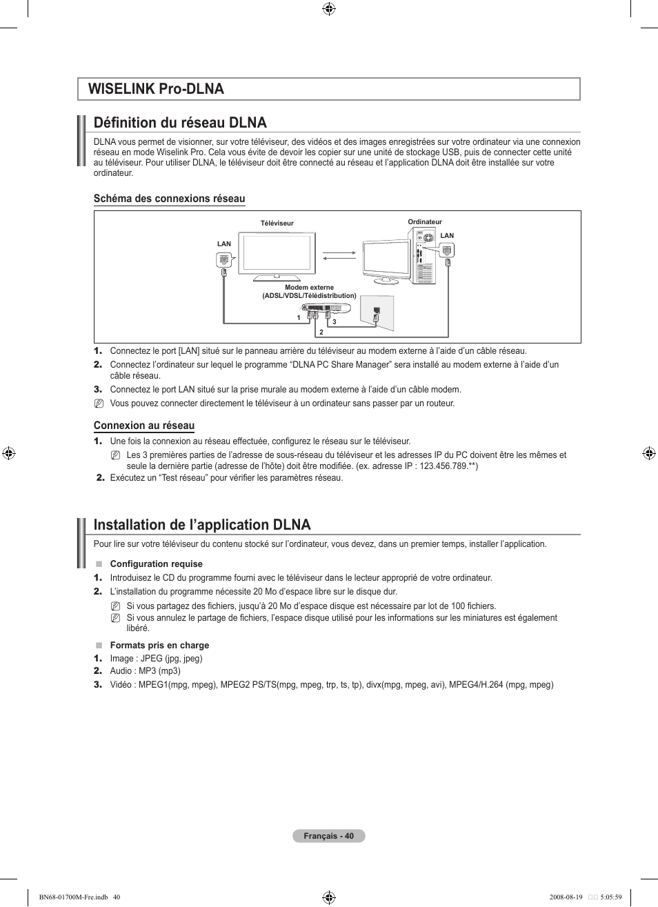 Wiselink pro-dlna définition du réseau dlna, Installation de l’application dlna | Samsung LE46A756R1M User Manual | Page 102 / 422